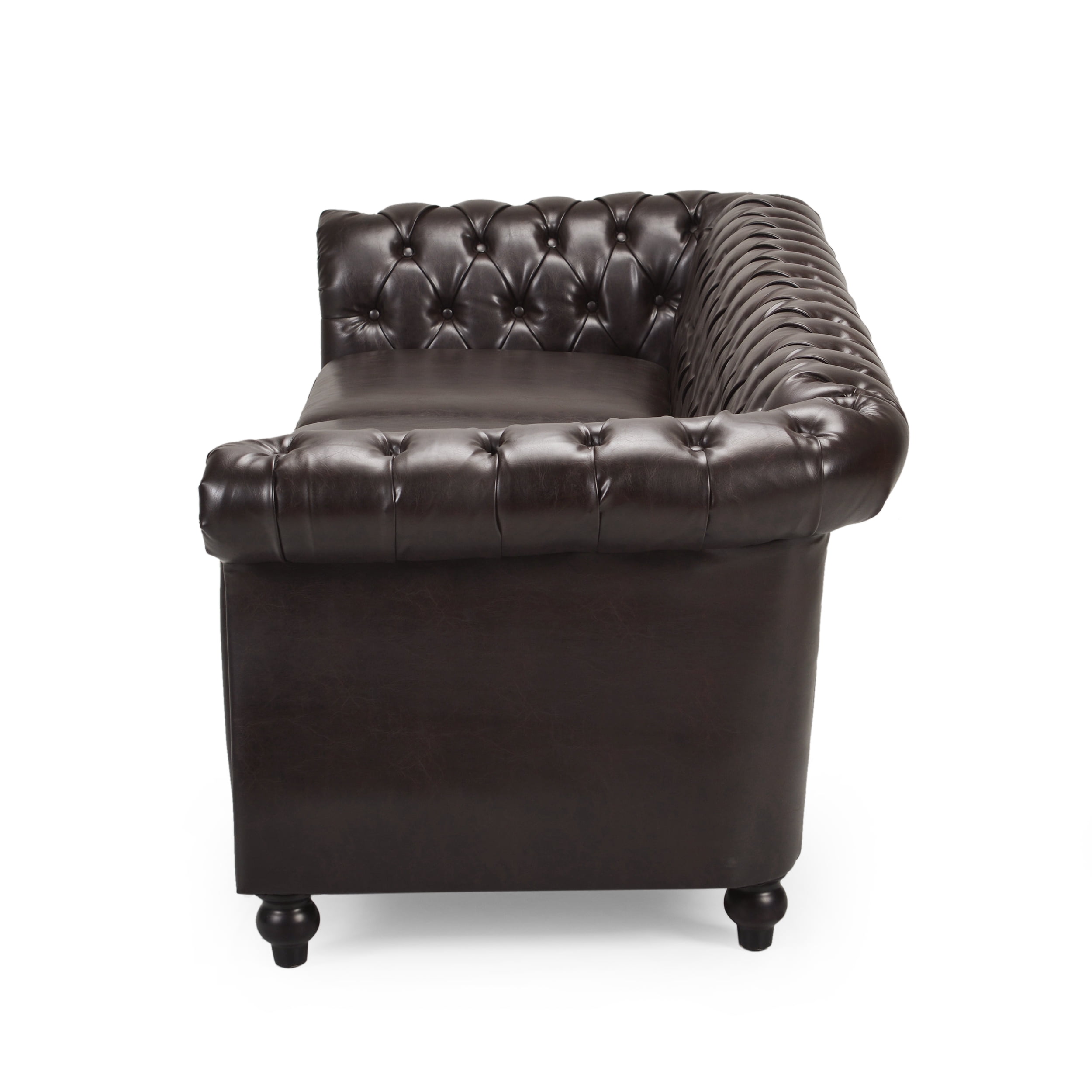 Noble House Augus 3 Seater Button Tufted Sofa, Brown, Dark Brown