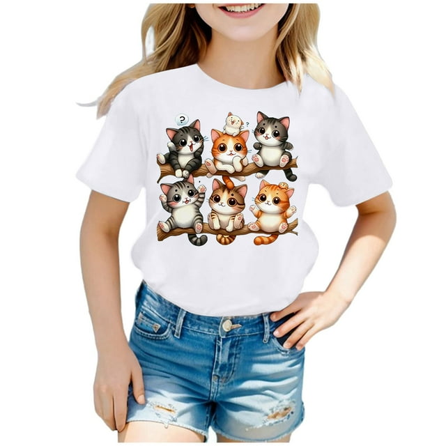 Hauts d'Été pour Filles Imprimé Chat Mignon Manches Courtes Tee Coupe Ample Col Rond Chemise Décontractée pour Tout-Petits Enfants Confortable Respirant