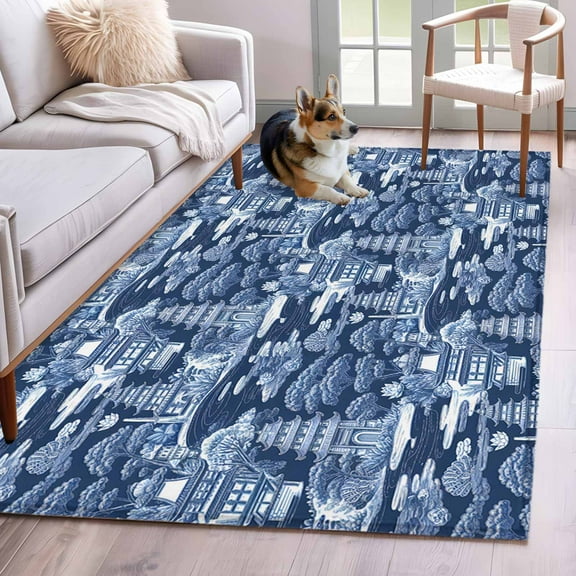 Navy Blue Garden Area Rug 4x6 Washable Rug Non Slip Modern Art Building Trees Landscape Large Area Rug Indoor Floor Carpet for Entryway Bedroom Kitchen Living Room Home Office Dining Room Nursery
