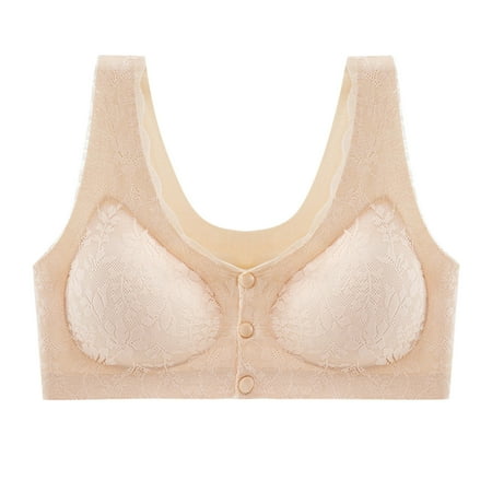 WNYEIME Front Closure Bras for Women Push Up Lace Bra Soft Wirefree Front Open Maternity Feeding Bra Lightly Padded Nursing Bras Beige L