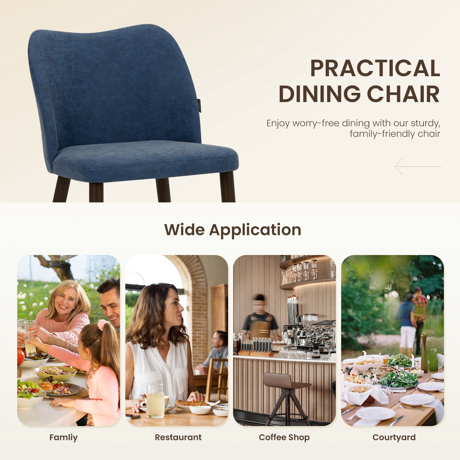 EOP Upholstered Dining Chairs Set of 2, Mid Century Modern Dining Room Chairs, Fabric Farmhouse Dining Side Chairs with Wood Legs, Armless Kitchen Chairs with Wingback, Blue