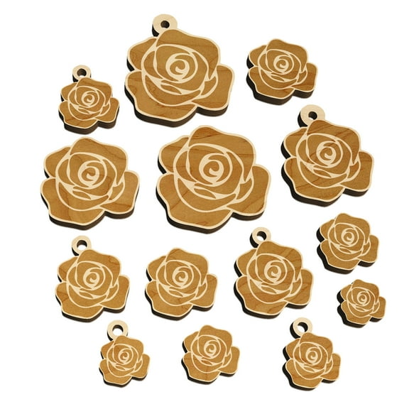Rose Flower Solid Wood Mini Charms Shapes DIY Craft Jewelry - With Hole - Various Sizes (16pcs)