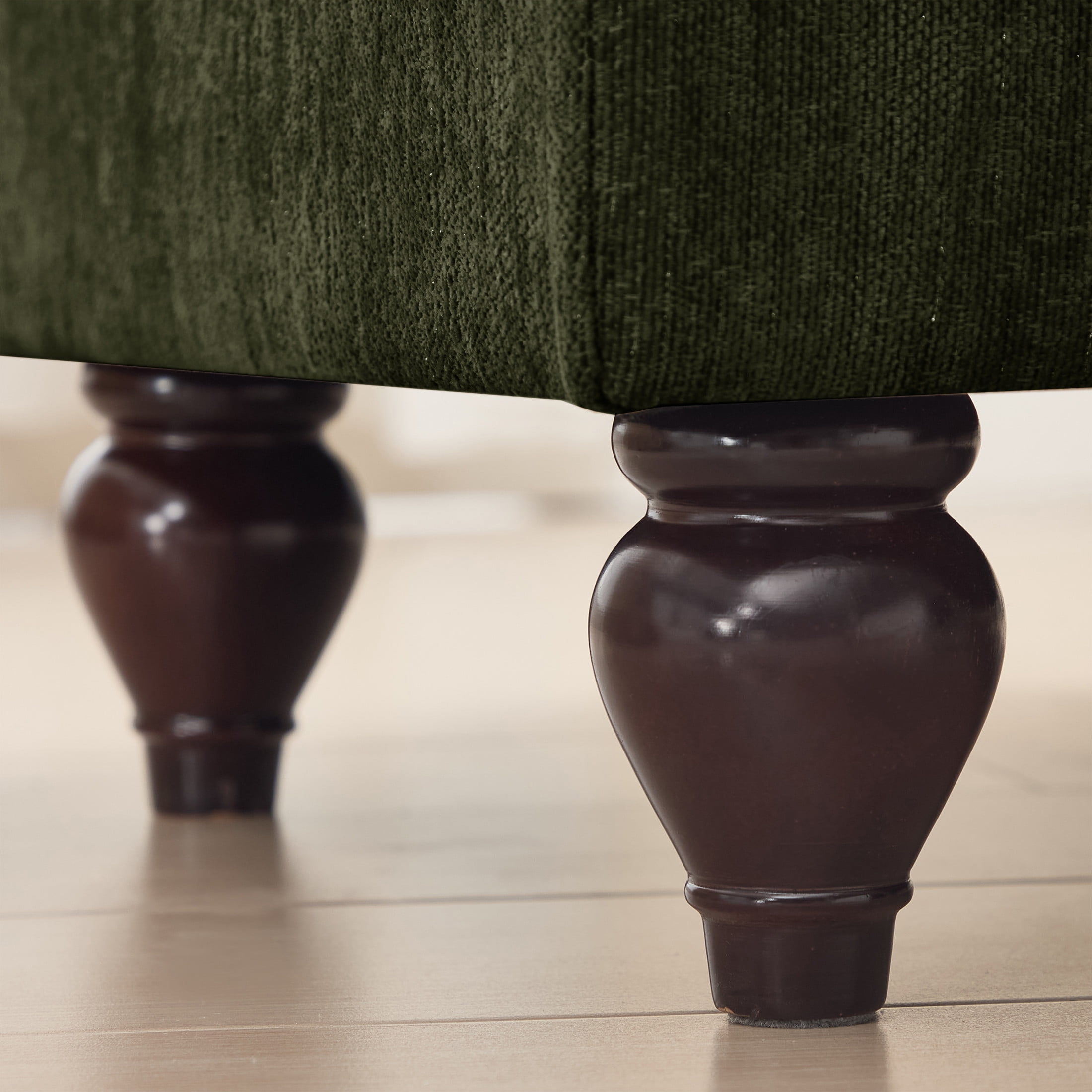 Noble House L-Shaped 2-Seater Sofa with Flared Arms, Removable Pleated Skirt, Spindle Legs, Chenille, Movable Ottoman, Green