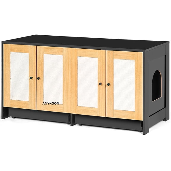 Anykoon Cat Litter Box Enclosure for 2 Cats，Double Hidden Litter Box Furniture with Rattan Doors, Black