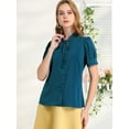 thumbnail image 2 of INSPIRE CHIC Women's Tie Neck Short Sleeve Shirt Puff Sleeve Button Front Lace Inset Stand Collar Blouse, 2 of 6