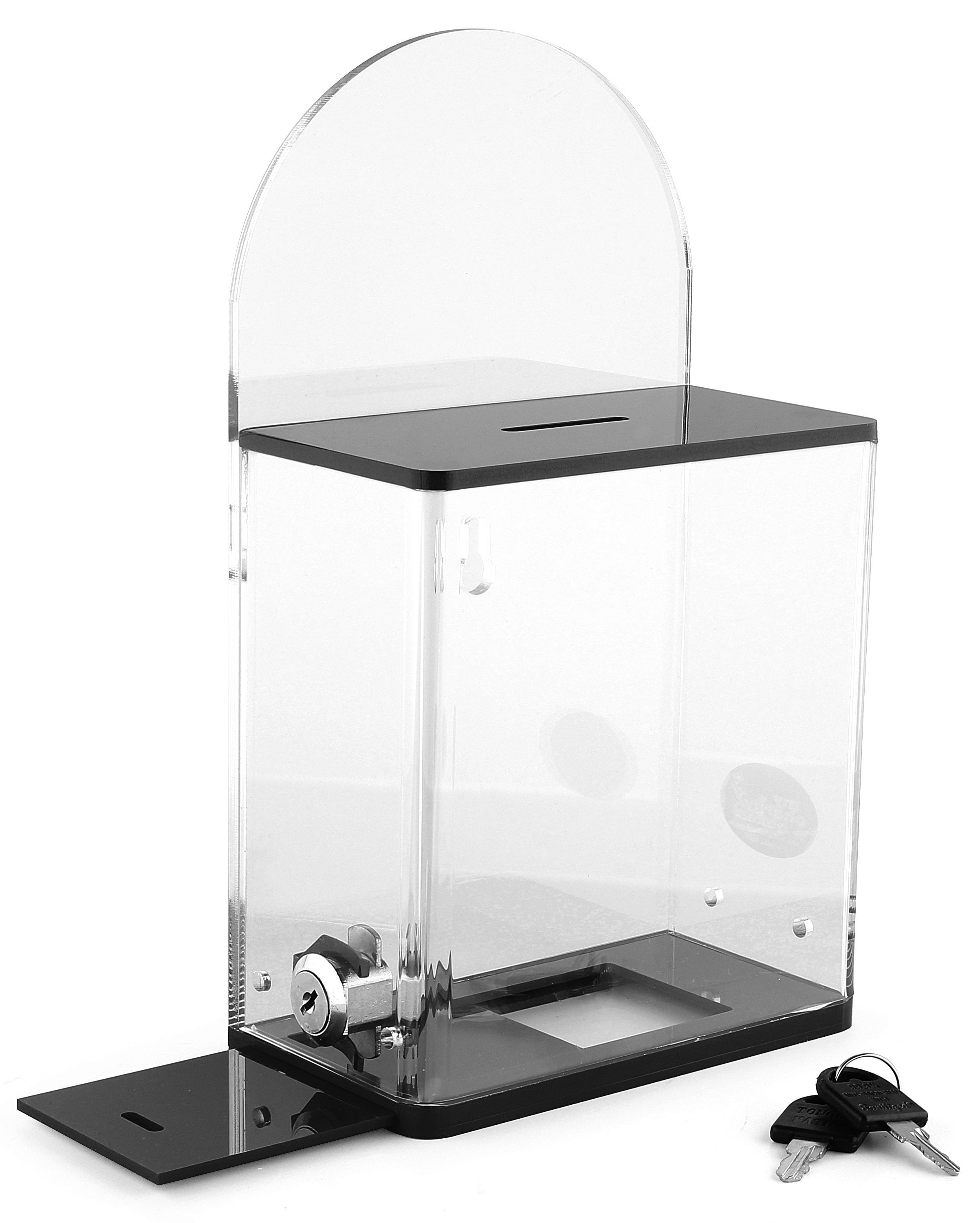 Acrylic Donation Suggestion collection Box Pre Drilled Holes For Wall mounted Or Retail Countertop Tip Box with round back wall display area 10 x 6 inches, Lock With set of keys Black