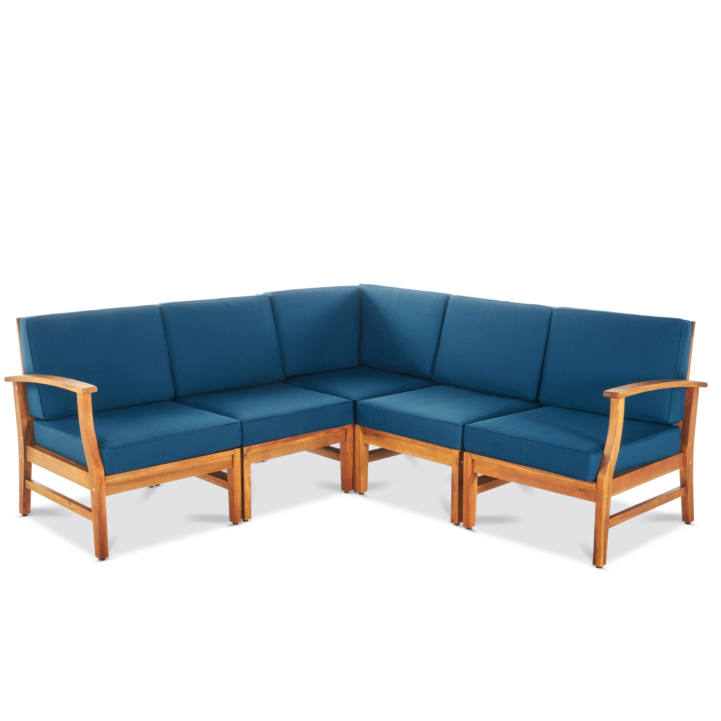 Hermosa Outdoor 5 Piece Chat Set with Cushions (No Coffee Table), Blue, Teak Finish