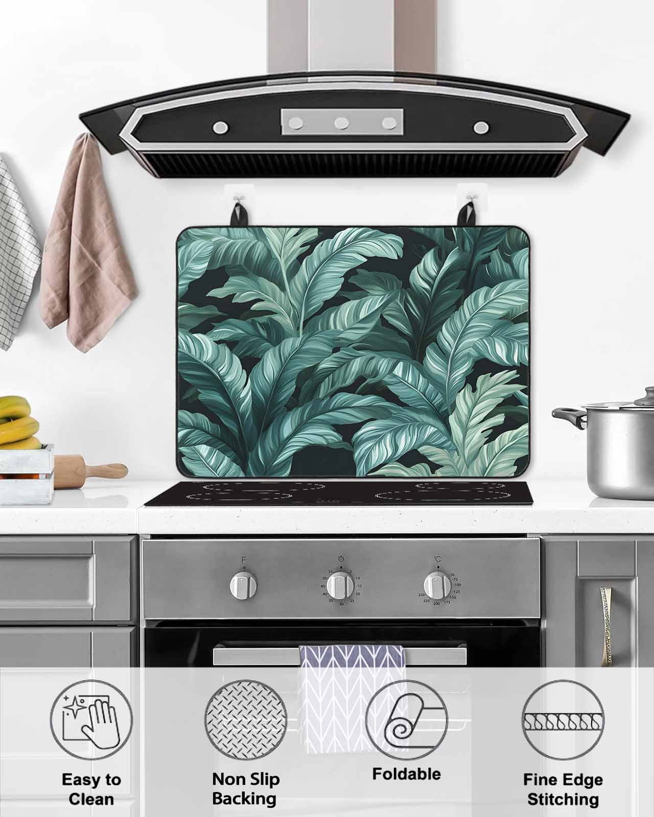 nqOlkjepod Large Induction Cooktop Protector Mat 36"x21", Summer Plant Stove Top Covers for Electric Stove, Green Tropical Palm Leaves Nature Retro Stove Burner Cover Mats, Glass Top Stove Cover