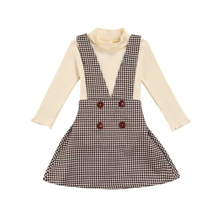 

Sunisery 2Pcs Kids Girl Outfits Solid Long Sleeve Tops Plaid Christmas Print Suspender Skirt Clothes Sets Apricot 4-5 Years