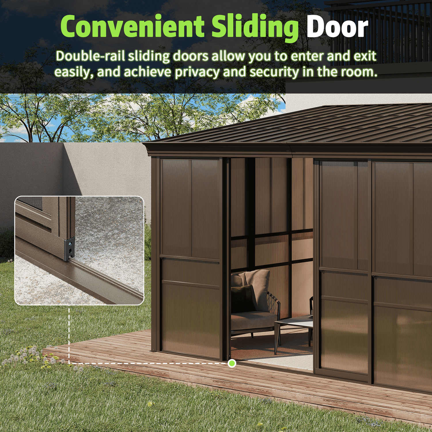 Erinnyees 10' x 14' Solarium Sunroom, All-Season Lean to Gazebo with Thickened PC Screen, Galvanized Steel Roof and Removable Door