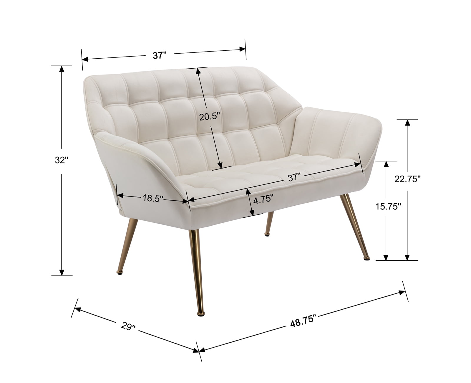 Guyou Small Loveseat Sofa, Modern Velvet 2-Seater Mini Sofa Couch with Quilted Back and Armrests, Cute Accent Chair with Gold Metal Legs for Living Room Bedroom Apartment, Cream