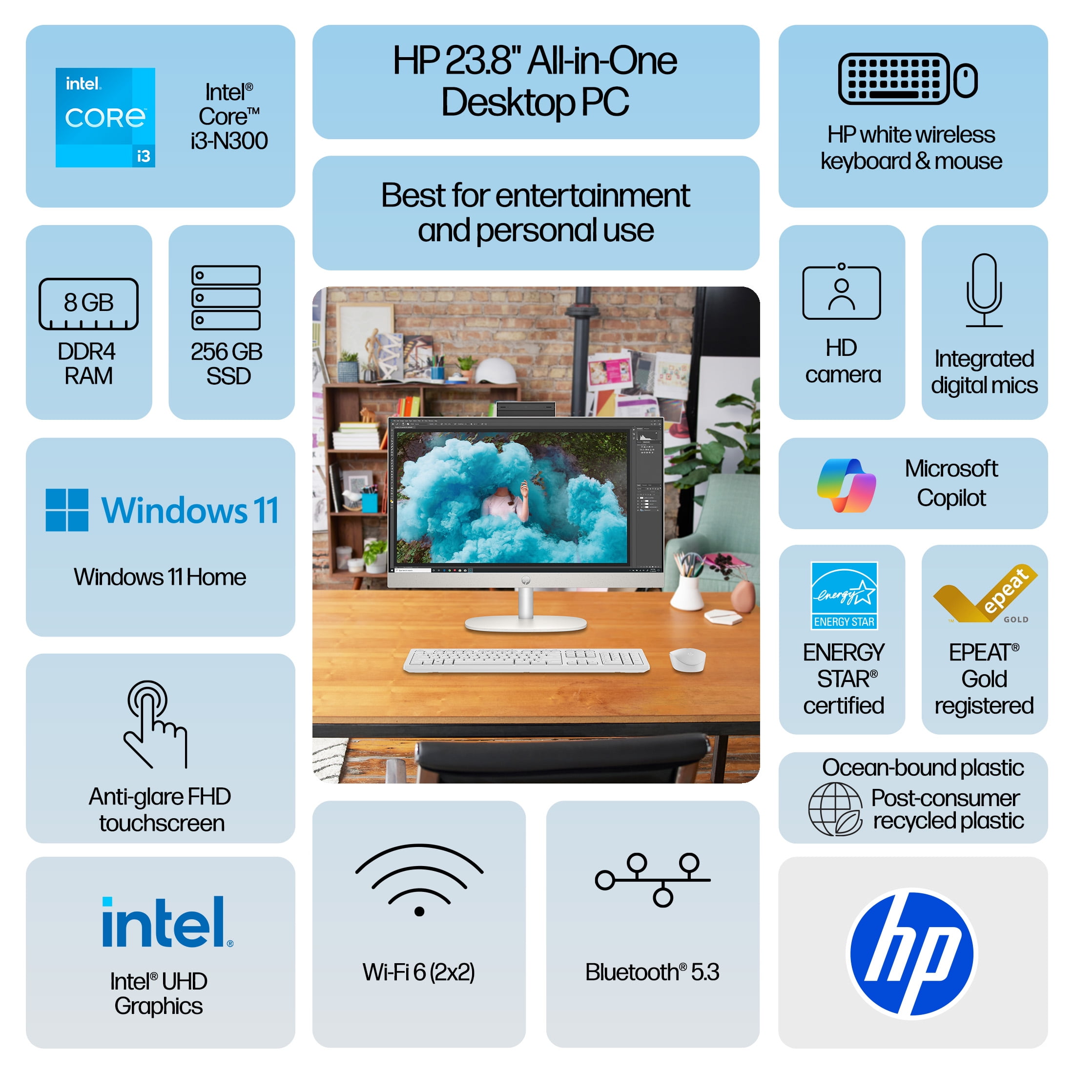 HP 23.8 inch All-in-One Desktop PC FHD Touchscreen Intel i3 , 8GB