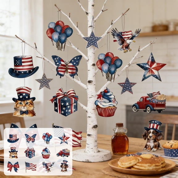 Yakvarog 4th of July Wooden Ornaments, 12Pcs Red White Blue Hanging Patriotic Ornaments for Tree, Festival Wood Ornaments for Party, Home, Tree, Tiered Tray 4th of July Decorations