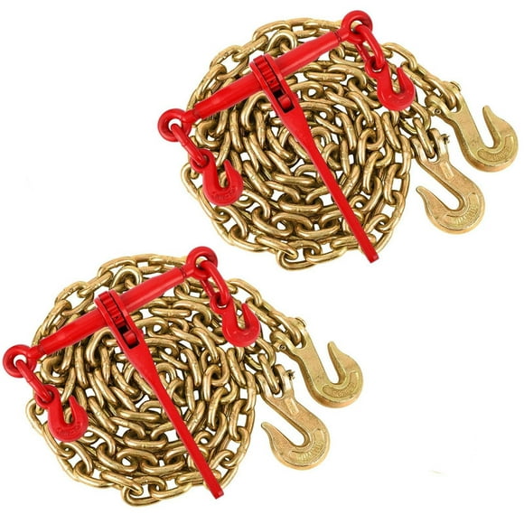 3/8"-1/2" Chain Load Binder, Tie Down Kit w/Grappling Hook, Grade 70 Binders and Chains, Load Transport Binder Chain for Flatbed Truck Trailer, Sets of 2