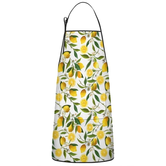 Yellow Lemon Fruit Flowers White Pattern Apron-Garden Aprons for Women with Pockets-Cotton Linen Waterproof Kitchen Cooking Gardening Aprons Adjustable for Kitchen,Cooking,BBQ and Salon 33x27 Inch