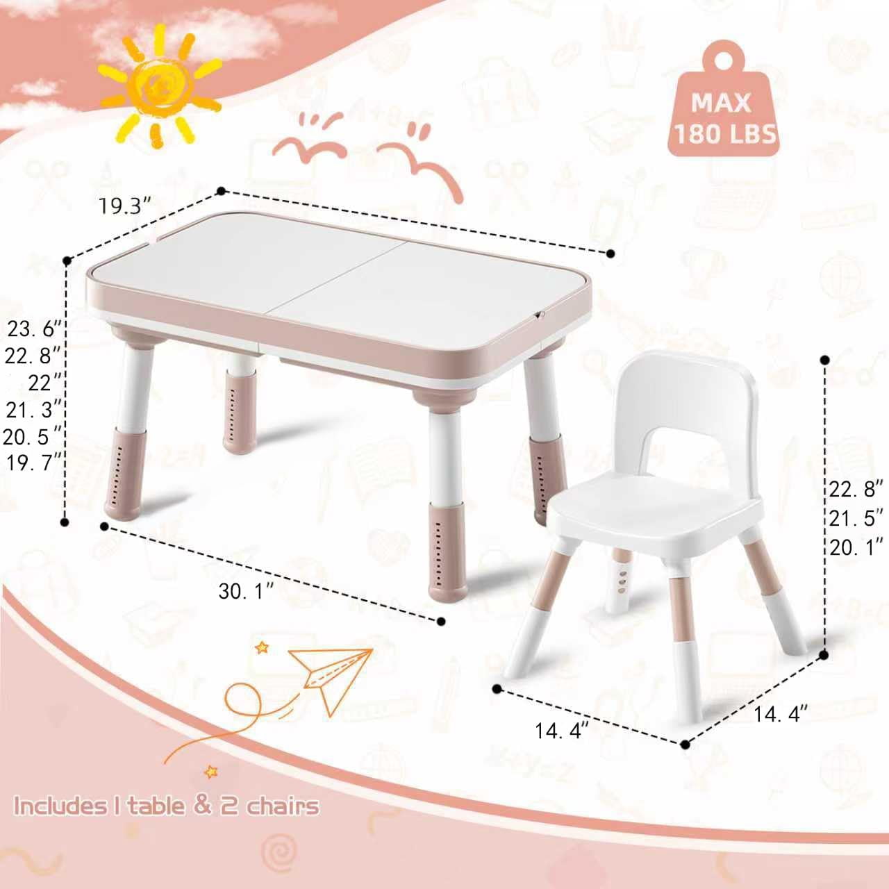 NEORIVER Kids Table and Chair Set with Storage – 5-in-1 Height Adjustable Toddler Activity Table & 2 Chairs for Building Blocks, Drawing, Reading, Dining, Sand & Water Play