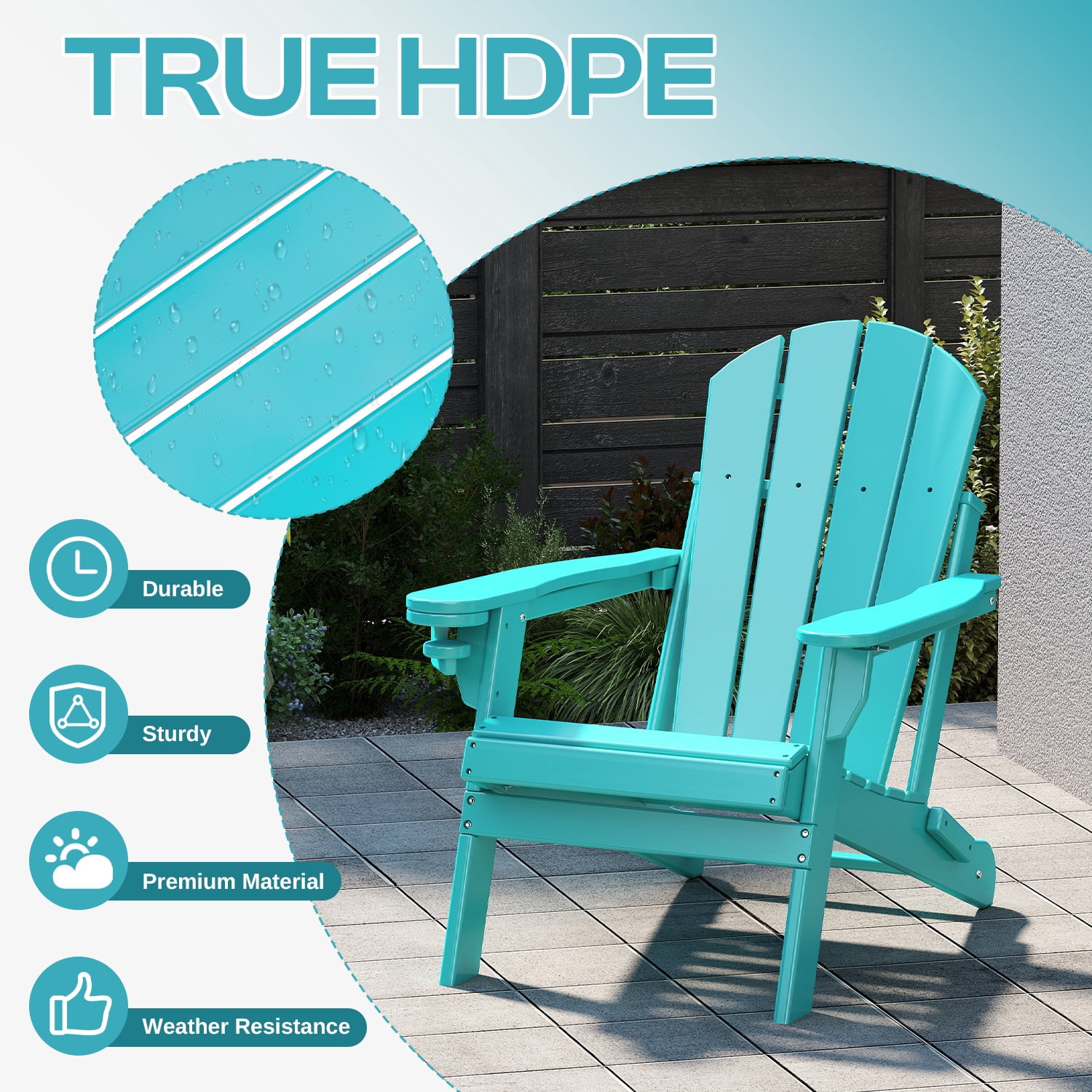 FODINGHILL Outdoor Folding Adirondack Chair set of 2, HDPE All Weather Patio Chair with Cup Holder for Deck Backyard Garden, Aqua