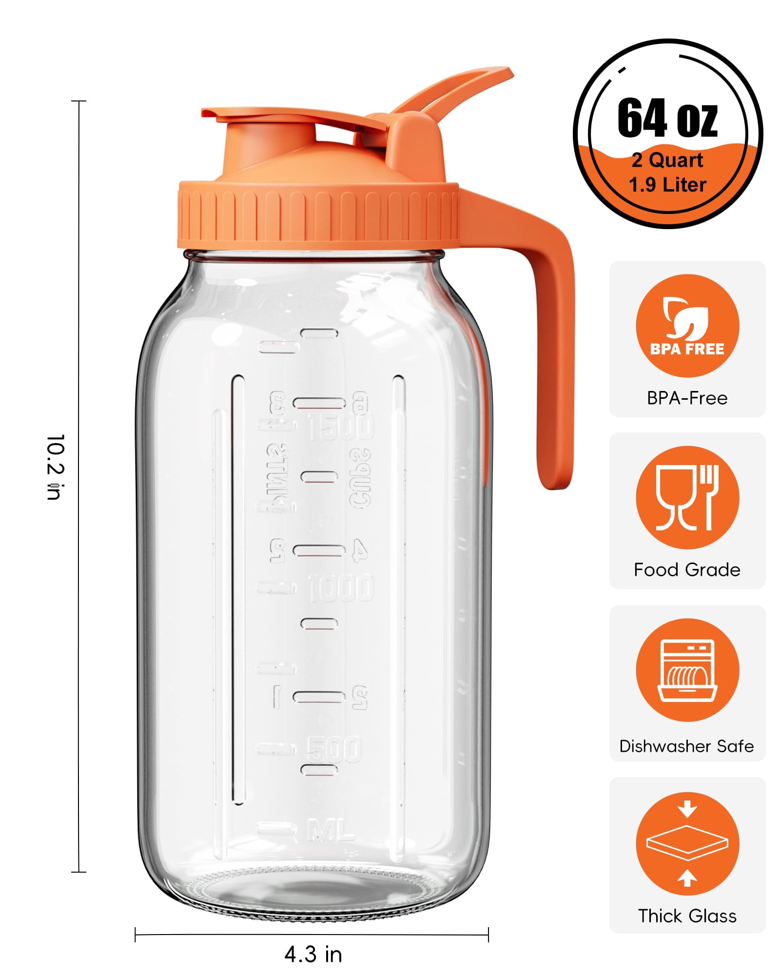 Glass Pitcher With Airtight Lid And Spout  64oz Mason Jar - Wide Mouth Leakproof Water Jug For Juice Sun Iced Tea Cold Brew Coffee Milk Storage Orange