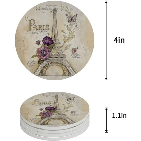 

KXMDXA Eiffel Tower Rose Flower Butterfly French Retro Romantic Set of 4 Round Coaster for Drinks Absorbent Ceramic Stone Coasters Cup Mat with Cork Base for Home Kitchen Room Coffee Table Bar Decor