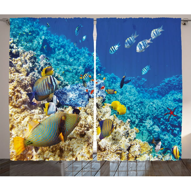 Ocean Decor Curtains 2 Panels Set, Barrier Reefs Covered Sea with ...