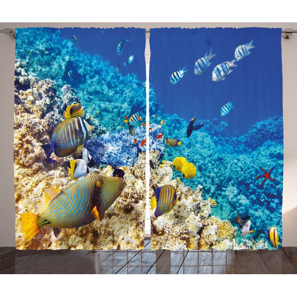Ocean Decor Curtains 2 Panels Set, Barrier Reefs Covered Sea with Lagoon Zebrafish Anemonefish