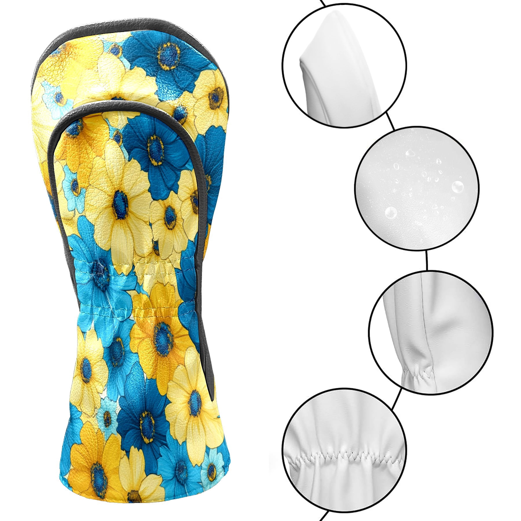 Golf Club Covers PU Leather Waterproof Head Covers for Fairway Woods Hybrids Yellow Blue Flowers
