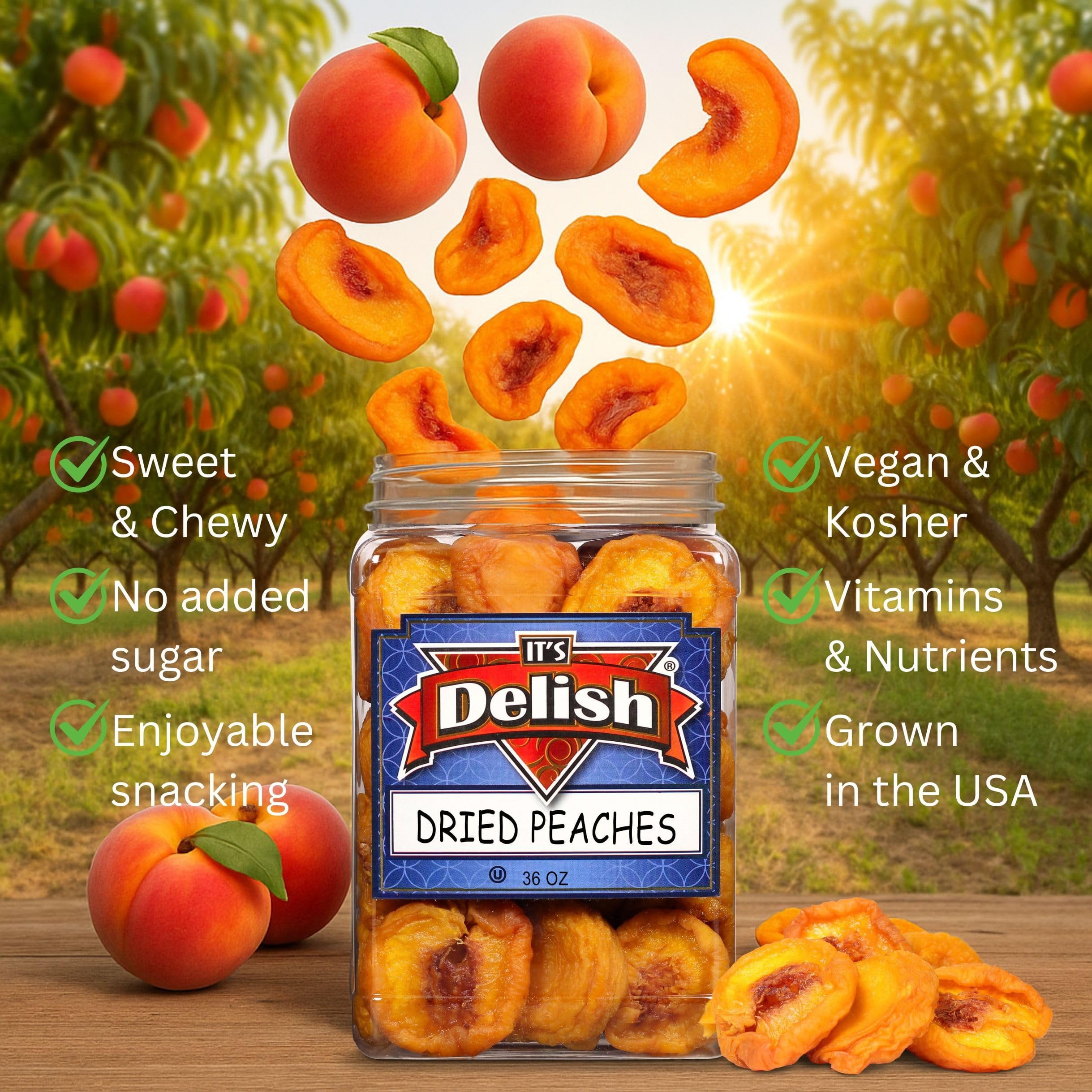 Dried Peaches by It's Delish, 36 OZ Jumbo Reusable Container  Naturally Sweet Peach Slices, No Sugar Added, Bulk Dried Fruit Healthy Snacks Fresh and Dry Sliced Peaches Snack  Vegan, Kosher