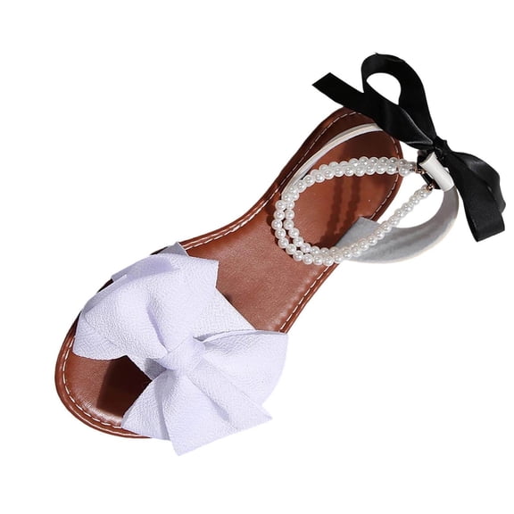 Xfvqtps Women Flat Sandals with Pearl Bowknot Straps Lace up Open Toe Non Slip for Summer Casual and Dressy Outfits
