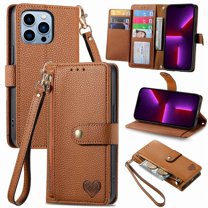 For iPhone 13 Pro Leather Phone Case Wallet Zipper Pocket Pouch Folio Flip Cover Kickstand, Multi Anti-theft Card Holder Cash Slot, Double Magnetic Buckle, Wrist Lanyard,Brown,For iPhone 13 Pro