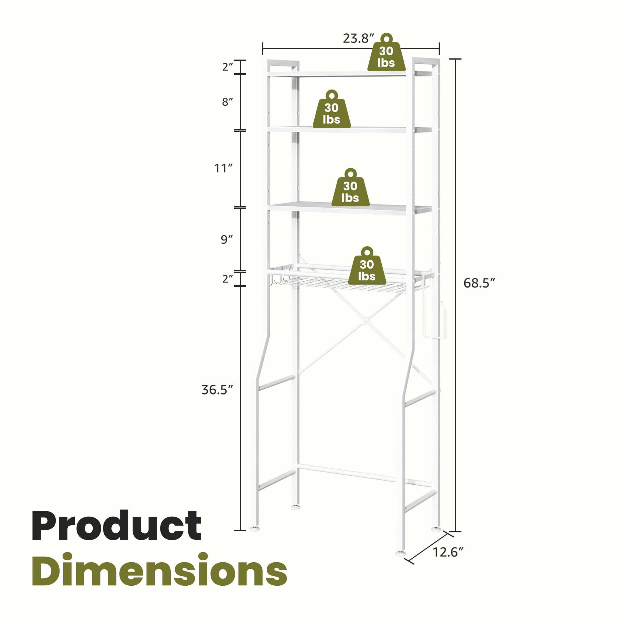 CONCETTA 4-Tier over the Toilet Bathroom Storage Rack, Adjustable Space Saver Organizer with Shelves, Basket & Hooks, White