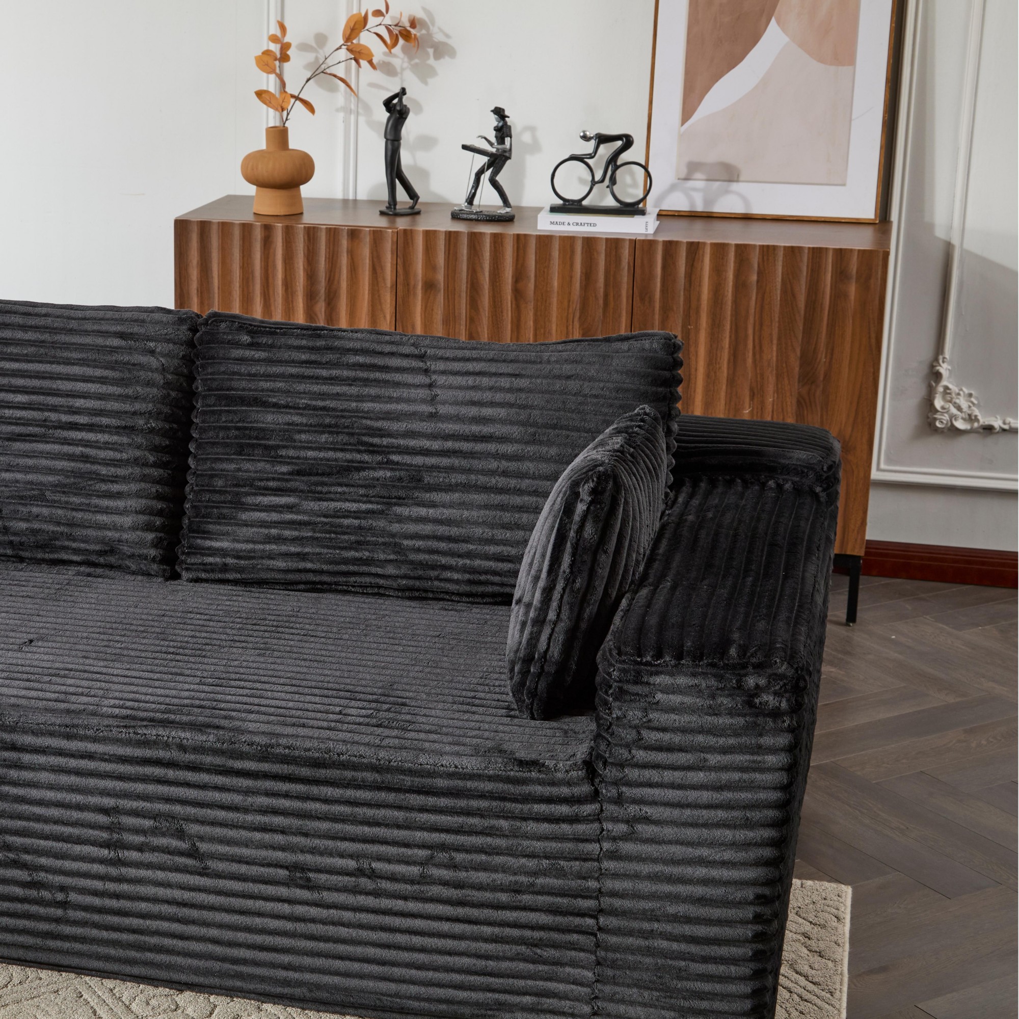 L-Shape Sectional Sofa Couch with Comfy Chaise,Modular Compression Sectional Couch with Deep Seat,Corduroy Sleeper Sofa Couches for Living Room Bedroom Apartment,Black