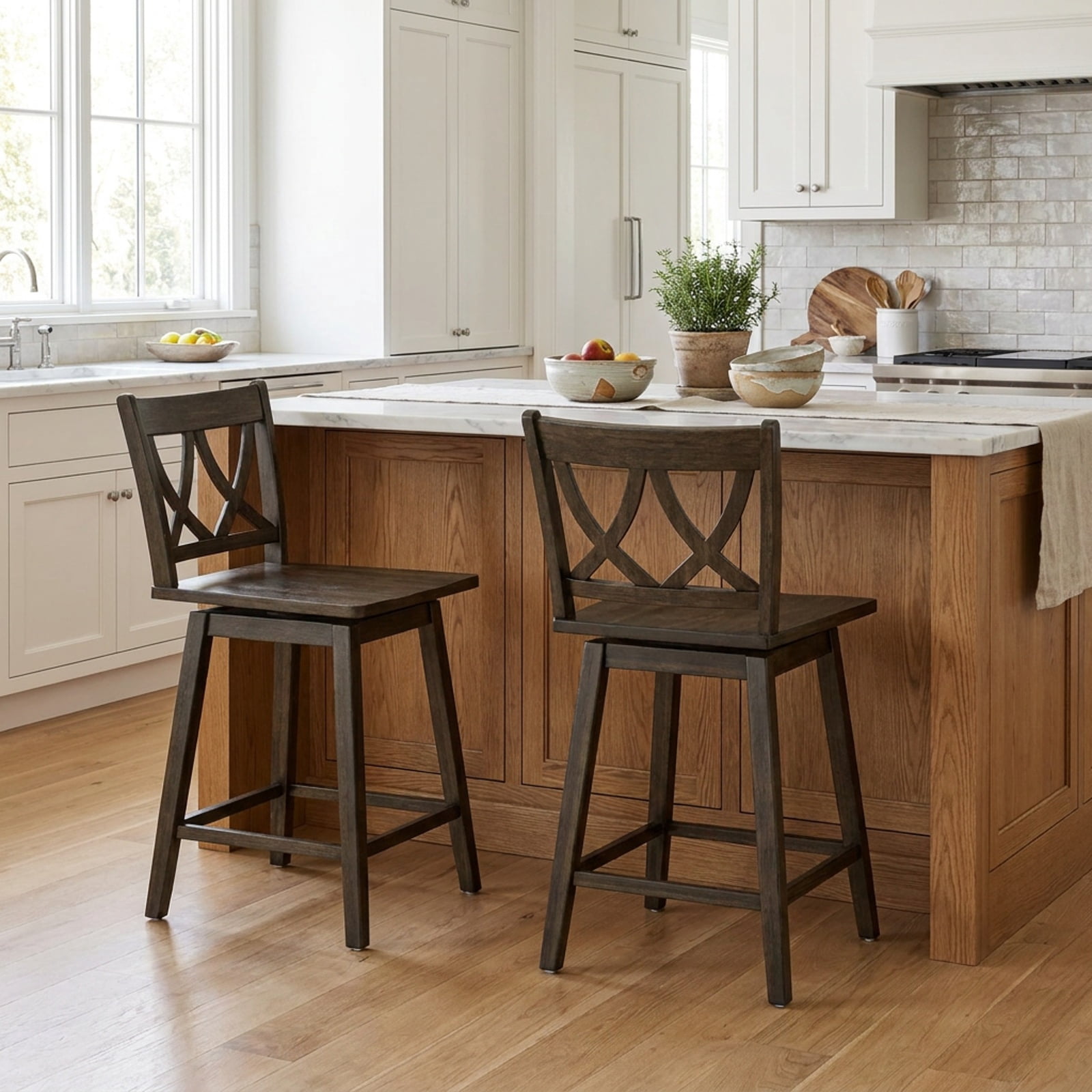 Furnibear 24/29 Inch Bar Stool Set of 2 Wooden Bar Chairs with Rubber Wood Frame-24 inches for Kitchen Island Counter Bar Pub Dining Home, Gray