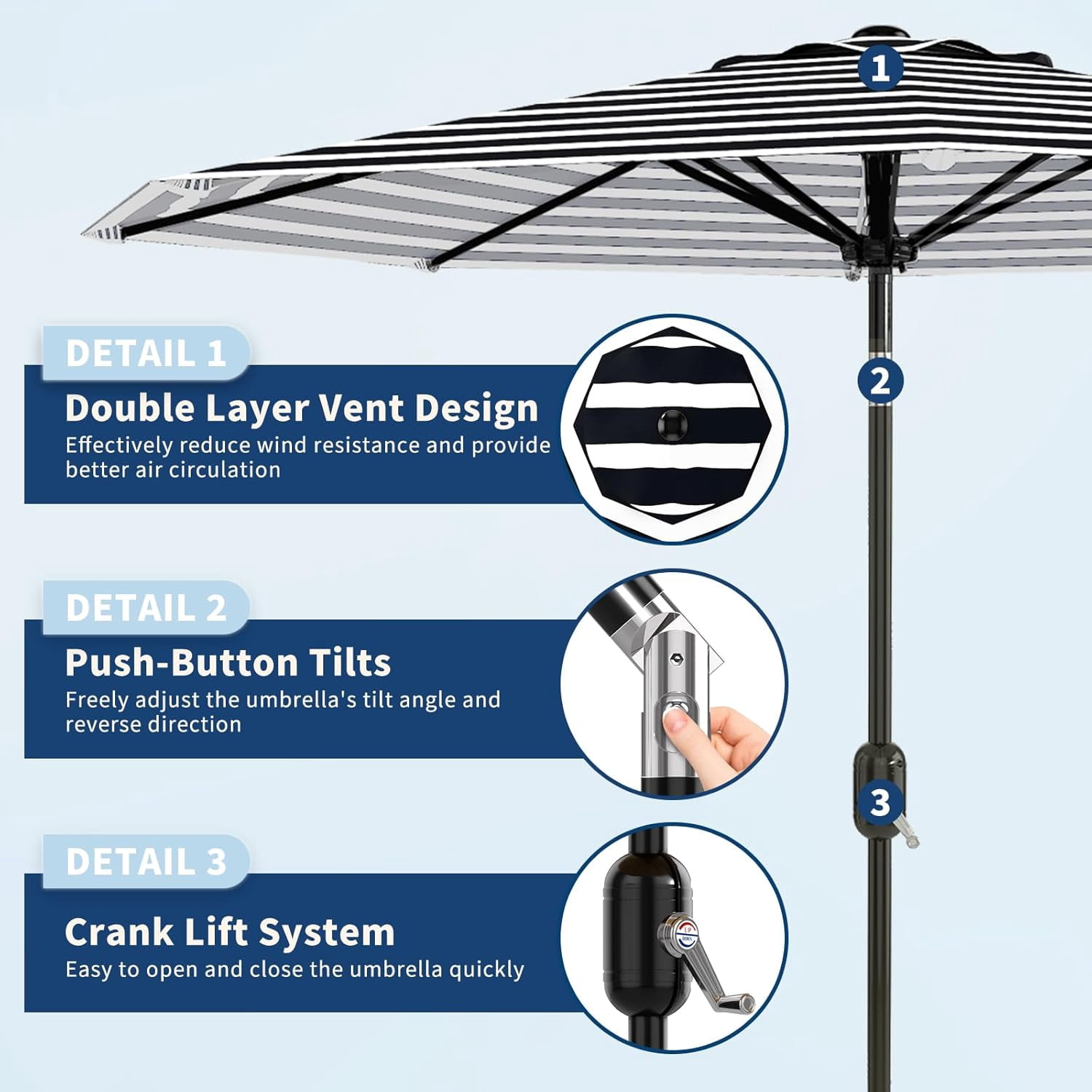 IdealHouse 10 ft Outdoor Patio Umbrella 8 Sturdy Ribs Outdoor Table Umbrella with Crank Lift & Push Button Tilt UV Protection Waterproof Market Umbrellas for Pool Deck Yard, Black & White Stripes