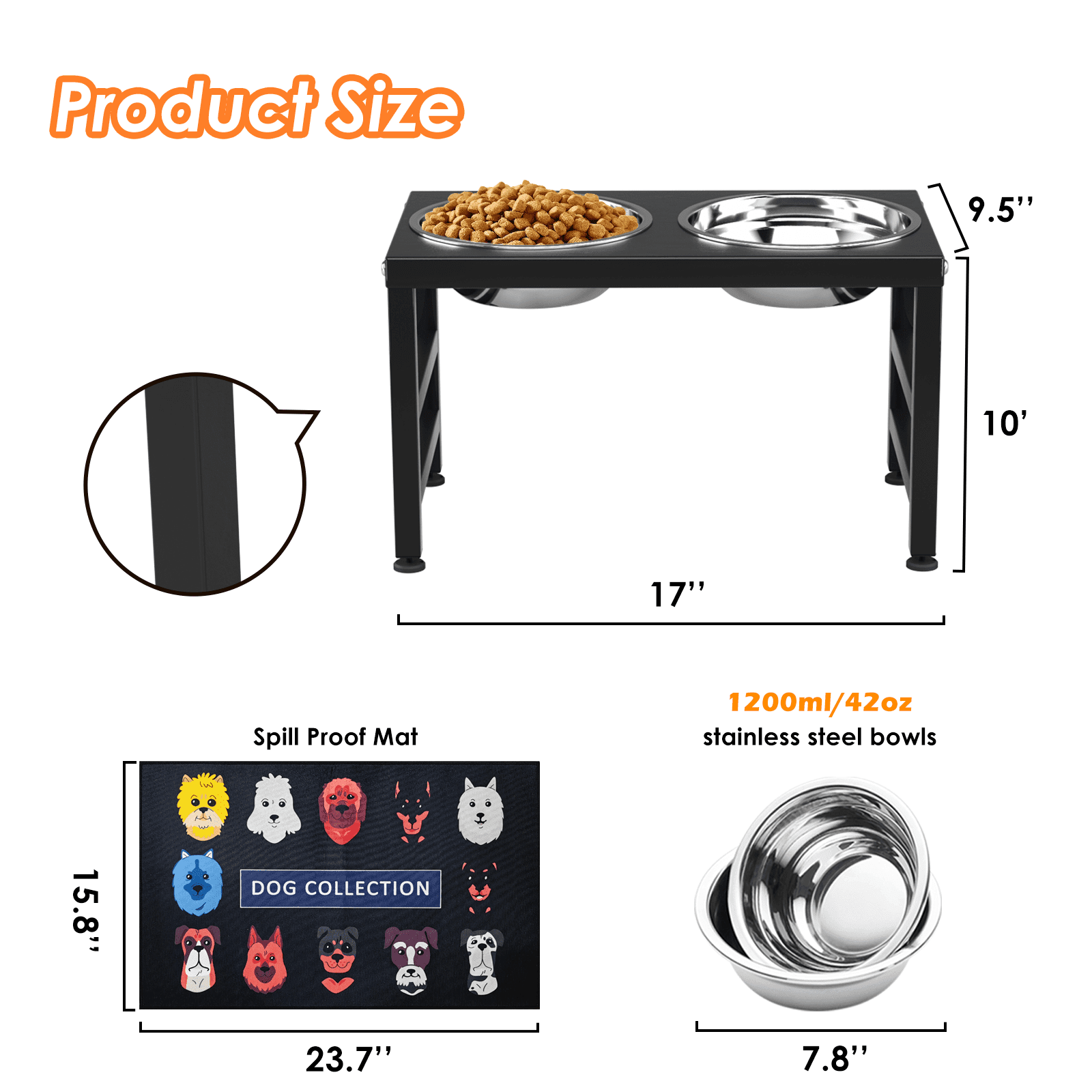 SHAINFUN Metal Raised Dog Bowl Stand for Dogs, Elevated Dog Bowls with Sprill Proof Mat, Dog Food & Water Bowls 10" Tall Dog Feeder