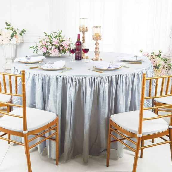Wedding Linens Inc. 60"W x 30"H Round Ruffled Fitted Crushed Crinkle Taffeta Tablecloth Table Cover Linens With Skirt - Platinum