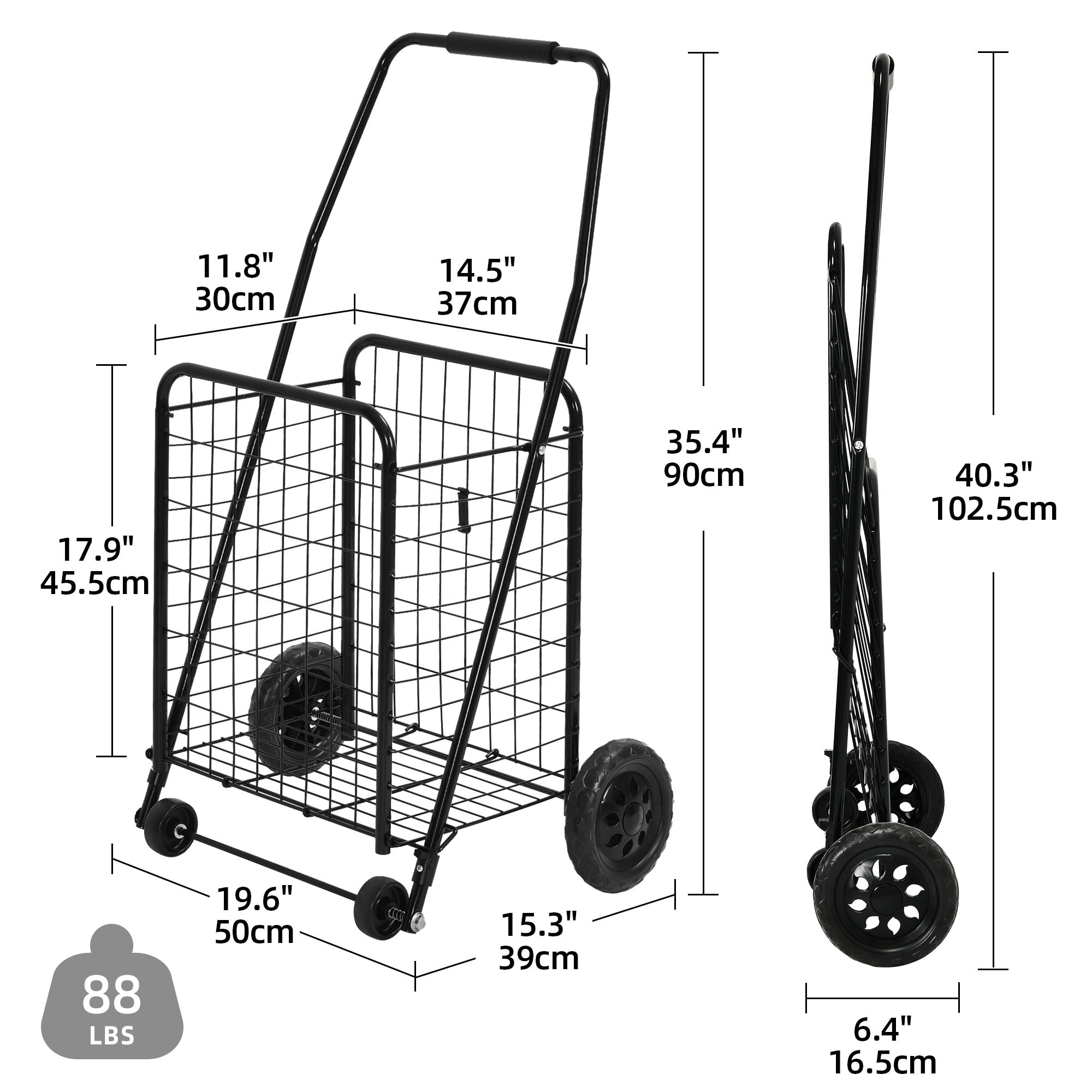 DEXTRUS Metal Folding Shopping Cart, Heavy Duty Rolling Grocery Cart with Lockable Wheels and Adjustable Handle