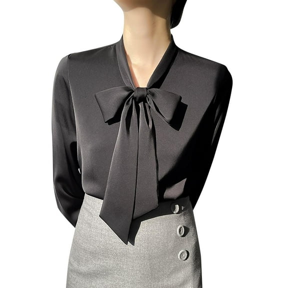 Kilaqueen Long Sleeve Shirts for Women Satin Bow Tie Front Long Sleeve Button Down Shirts Solid Color Elegant Dressy Business Tops
