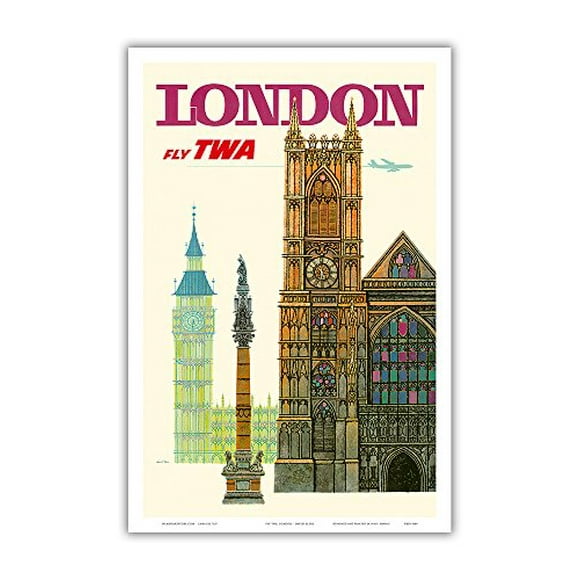 London UK - Fly TWA (Trans World Airlines) - Westminster Abbey Church - Vintage Airline Travel Poster by David Klein c.1960s - Master Art Print 12in x 18in