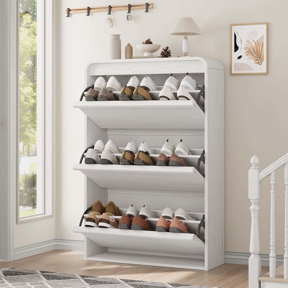 Garvee Shoe Cabinet with 3 Flip Drawers, Wooden Shoe Cabinet with Adjustable Shelf, Shoe Storage for Entryway, Hidden Shoe Cabinet for Hallway, Living Room, White