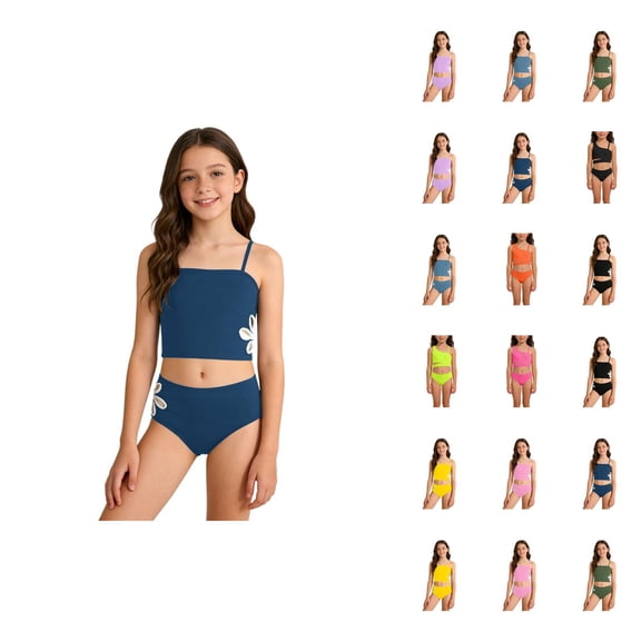 Girls' Two Piece Swim For Girls – Solid Swimwear With Side Floral Design And Strappy Tankini Top And Brief Bottoms Summer Beachwear For Kids