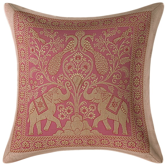 Stylo Culture Indian Settee Sofa Throw Pillow Cover 12x12 Jacquard Peacock Light Pink Square 30x30 cm Home Decor Brocade Elephant Zippered Cushion Cover | 1 Pc