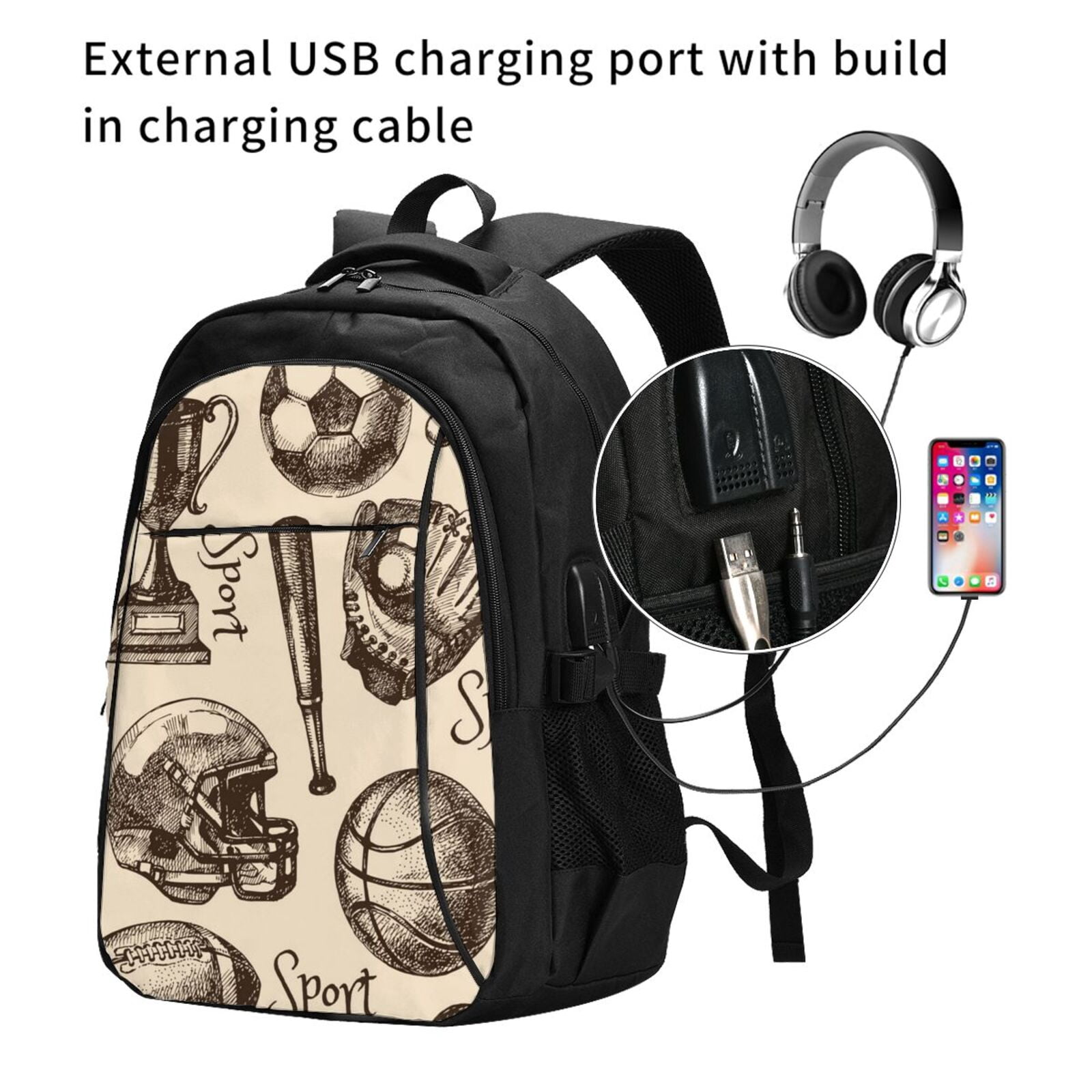 Sport Baseball Football Basketball Laptop Backpack with USB Charging Headphone Port Casual Daypack Bag College Business Travel