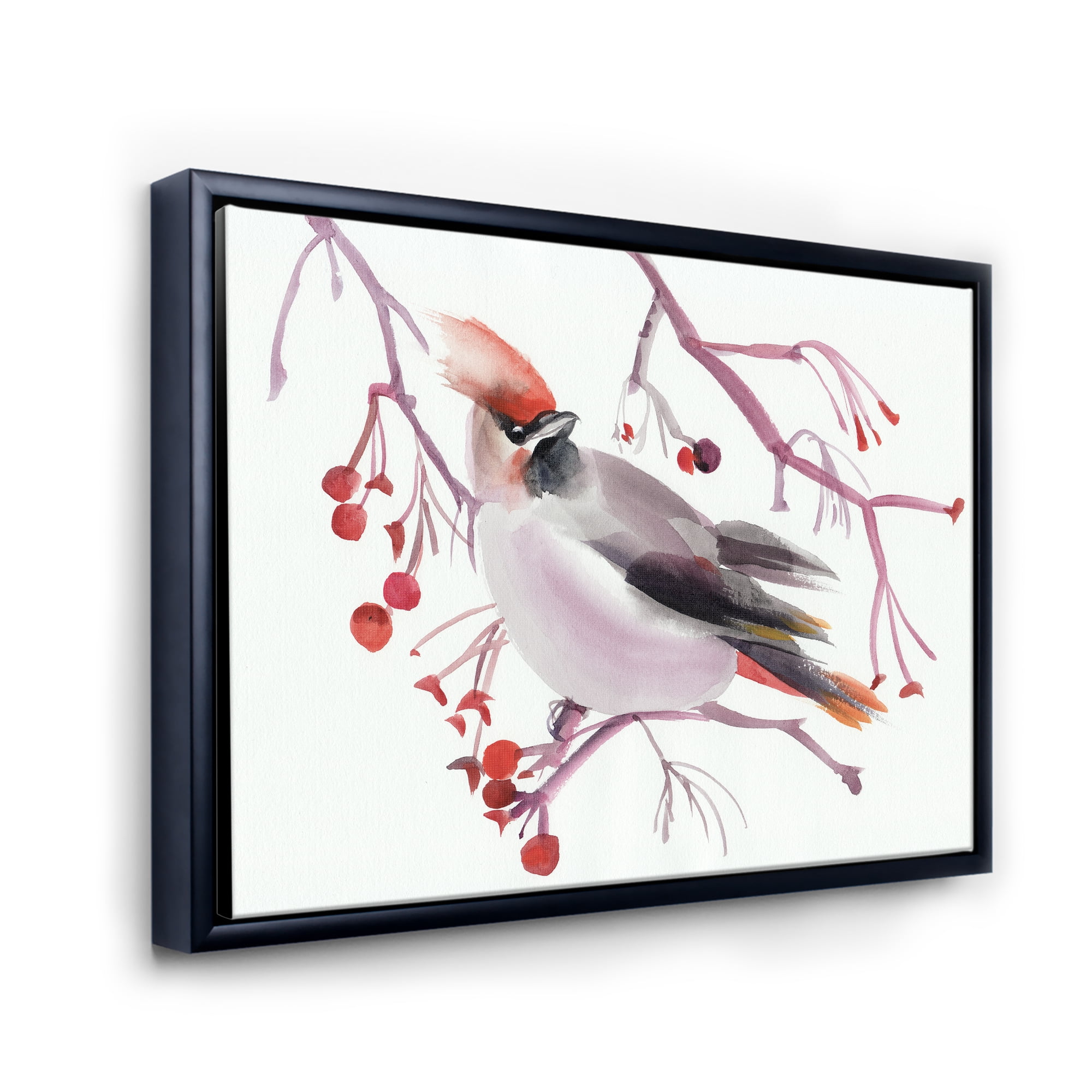 Waxwing Bird Sitting On A Branch 32 in x 24 in Framed Painting Canvas Art Print, by Designart