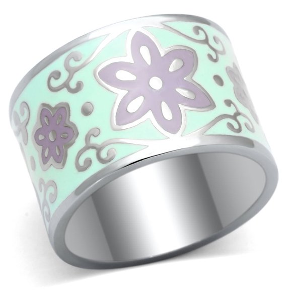 High polished (no plating) Stainless Steel Ring with Epoxy in Multi Color for Women Multi Color Stone Color Style TK824 Size 5
