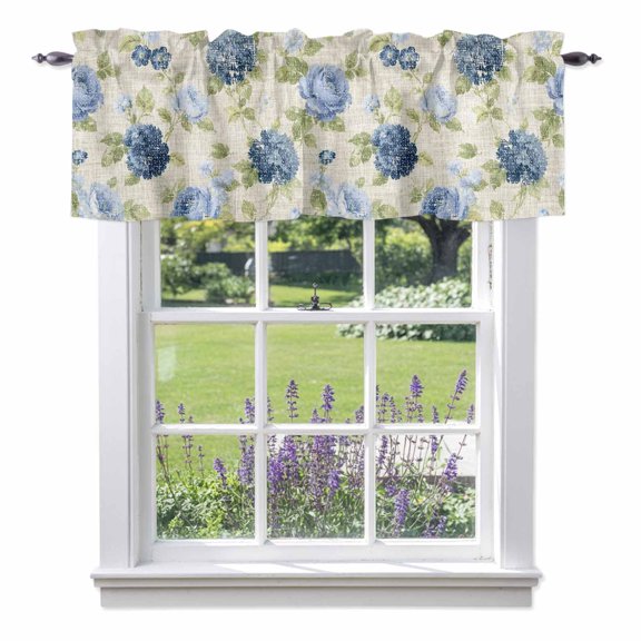 Blue Flower Leaves Seamless Valances for Windows,Kitchen Valance Rod Pocket Short Curtain, Retro Floral Vine Valance Curtain Window Valances for Bedroom Bathroom Living Room