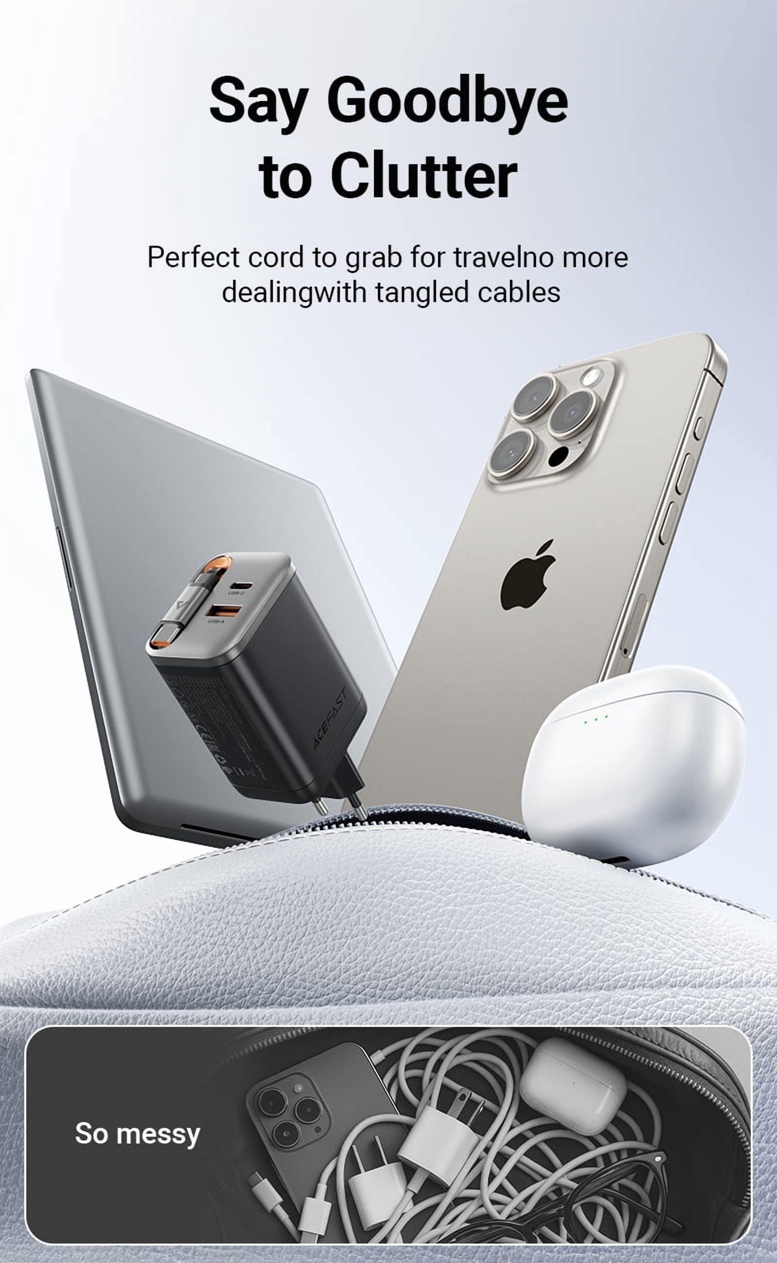 ACEFAST 67W GaN Charger (2×USB-C + USB-A) with 65cm Retractable Cable PD FFast Charging for Laptop/Tablet/Phone