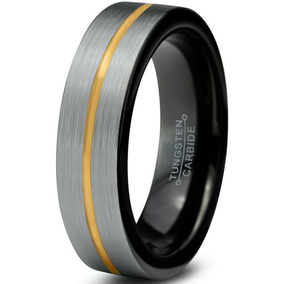 P. Manoukian Tungsten Wedding Band Ring 4mm for Men Women Black & 18K Yellow Gold Plated Center Line Pipe Cut Brushed Polished Lifetime Guarantee Size 4