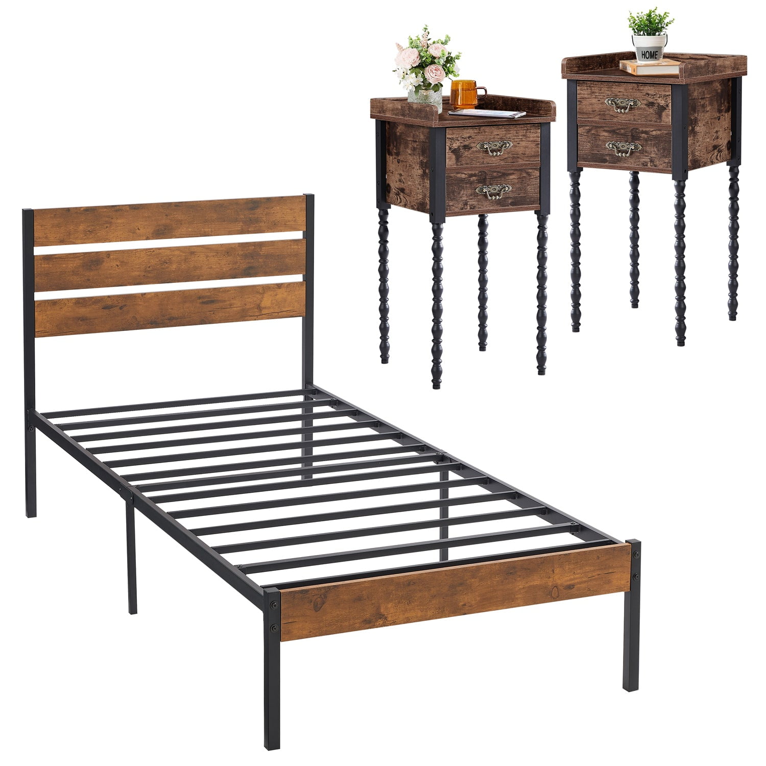 VECELO 3Piece Bedroom Set, Twin Bed Frame with Wooden Headboard and Set of 2 Nightstand, Brown