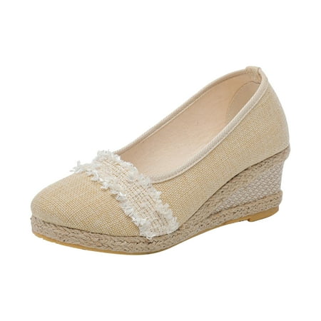 

KIJBLAE Women Solid Color Wedges Shoes Breathable Slip-On Canvas Espadrille Platform Wedges Loafers Beige 39