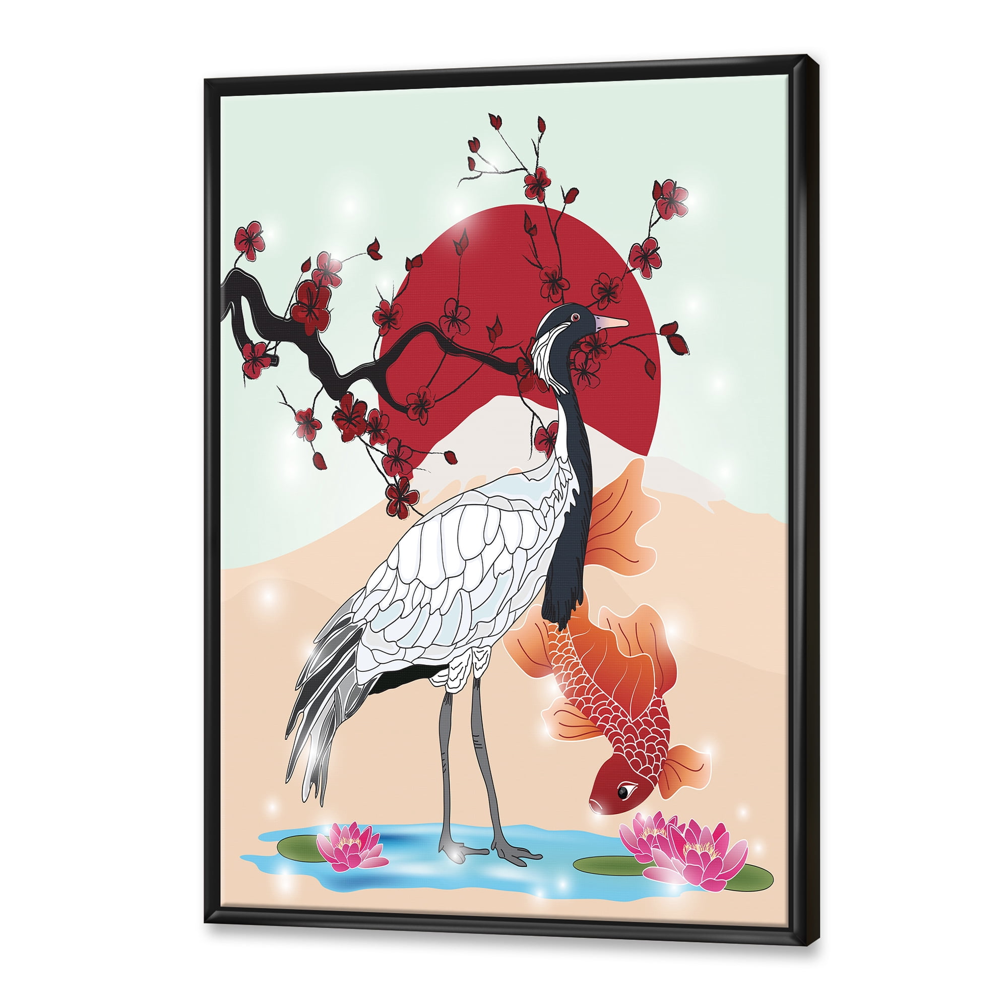 Koi Fish With Crane Bird 24 in x 32 in Framed Painting Canvas Art Print, by Designart